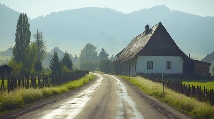 Fototapeta premium Serene Countryside Road Winding Past a Traditional Farmhouse