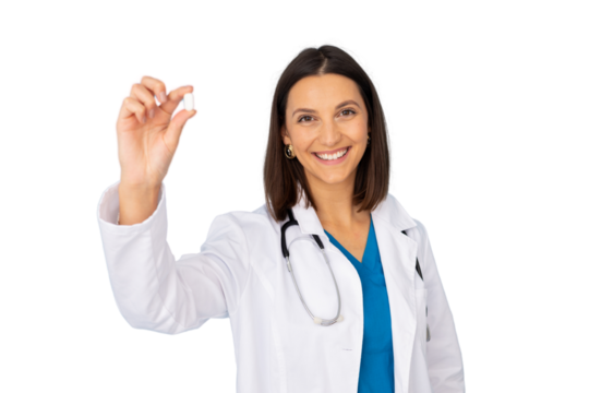 Female doctor holding a pill between her fingers, smiling on a transparent background