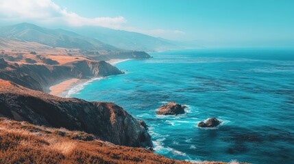 Obraz premium Coastal California landscape, rugged cliffs meet turquoise ocean. Sunny day, dramatic scenery