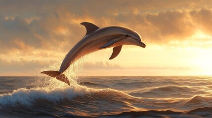 Majestic Dolphin Leaps High Above Ocean Waves at Golden Sunset A breathtaking wildlife scene