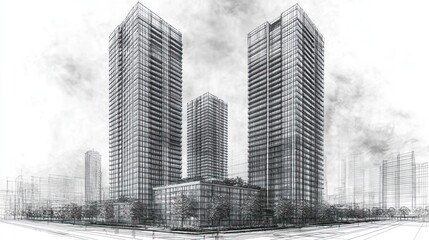Architectural Sketch: Modern Skyscrapers in Urban Skyline