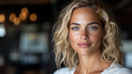 Fototapeta premium Smiling blonde woman with wavy hair looking at the camera in a softly lit indoor setting.