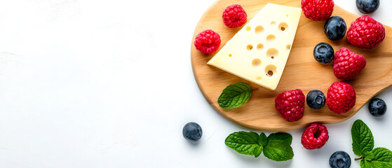A slice of Swiss cheese, raspberries, blueberries, and mint leaves on a wooden board with a white background.