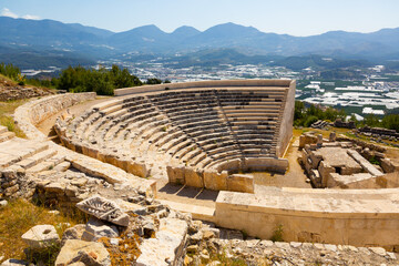 Obraz premium Territory of the Roman amphitheater in the ancient Lycian city of Rhodiapolis, currently located on a hill west of the city ..of Kumluca in Antalya province, Turkey