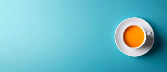 A cup of orange-colored tea or coffee sits on a white saucer against a bright blue background.