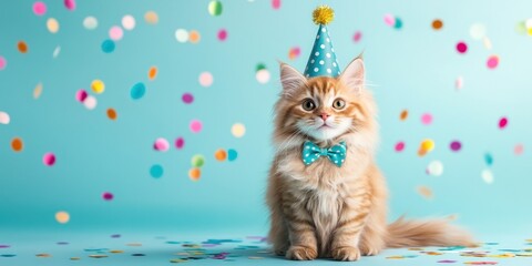 Fototapeta premium Adorable Kitten Celebrates Birthday With Confetti