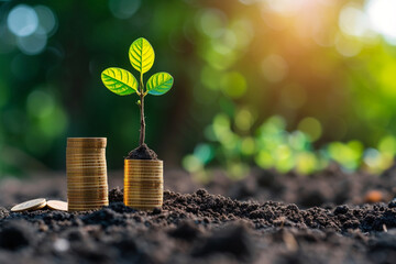 BUSTLING young tree symbolizing growth is seen sprouting from stacks of coins, representing multiple sources of income    