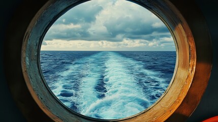 Stunning ocean view from ship porthole wake blue water cloudscape sea sky foam calm waves image photo