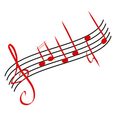Music notes illustration. Red black melody. Curved rhythm shape. Vector musical line.