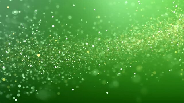 Abstract Green Particle Flow Loop. High-resolution 4K still frame, numerous small, shimmering green particles suspended against a soft-focus green background.