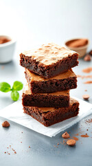 A stack of rich, fudgy chocolate brownies sits on a napkin, surrounded by cocoa powder and chocolate chips on a light background.