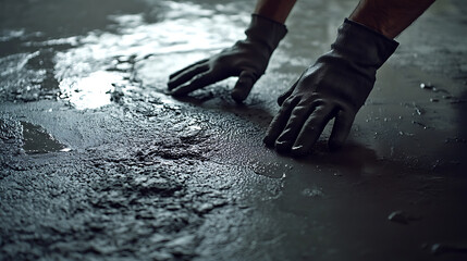 Hands in Gloves Working on Wet Concrete Surface