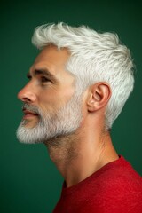 Fototapeta premium A strong and confident man with an engaging smile. Green solid background. Idea of style for aging men. Classy men's crew cut haircut - midlife white man with white hair.