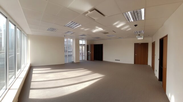 Empty office space with large windows