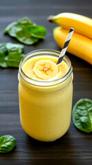 Creamy banana smoothie in a mason jar with a striped straw, garnished with banana slice, surrounded by spinach leaves and fresh bananas.