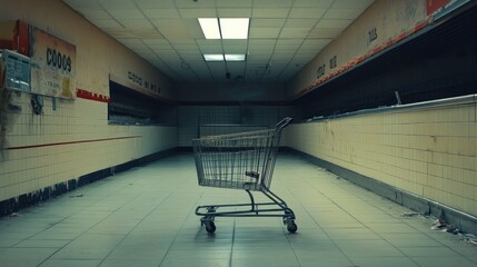 Abandoned supermarket aisle with shopping cart