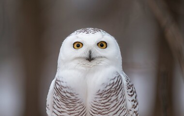 Fototapeta premium A close-up shot of a snowy owl with its eyes wide open and looking directly at the camera