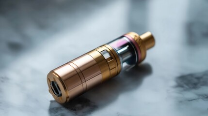 Close-up of sleek modern vape device with metallic finish and transparent tank placed on marble surface
