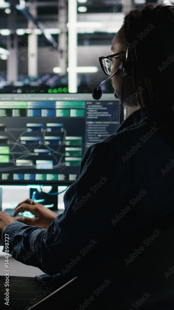 Poster vertical video data center employee uses audio headset and visual programming dashboard to troublesh