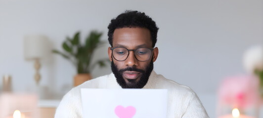 Young african american man in glasses reads a greeting card with a heart. Surprise gift for Valentine's Day, women's day or birthday celebration. Romantic postcard for holiday.
