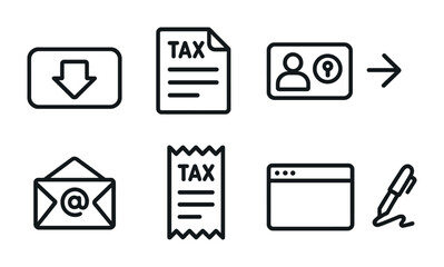 Finance and taxation icon set – outline style for budgeting, accounting, and compliance: download, tax document, identification, email, receipt, signature