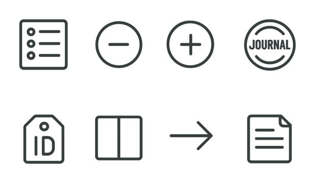 Minimalist journal icons – outline style productivity and organization symbols for note taking: to-do list, edit, add, journal, tag, align, arrow, document.