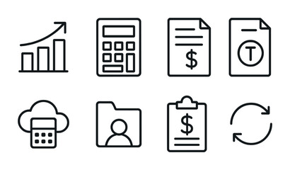 Business and finance line icons set - outline style for financial planning: graph, calculator, invoice, contract, cloud service, folder, clipboard, sync.