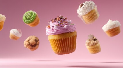 Delicate cupcakes of various flavors in mid-air against a pastel background.
