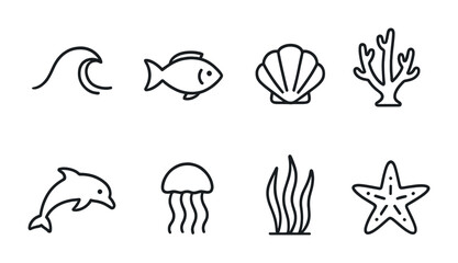 Marine life outline icon set – flat style ocean, sea, and underwater symbols for nautical designs: wave, fish, shell, coral, dolphin, jellyfish, seaweed, starfish.