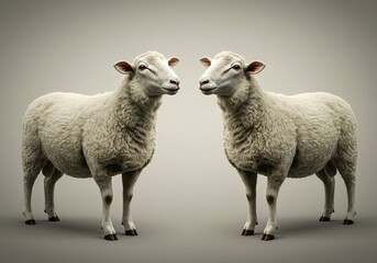 Fototapeta premium Identical sheep clones facing each other on neutral background. Genetic engineering in agriculture. Dolly experiment concept. Animal biotechnology and ethics debate.