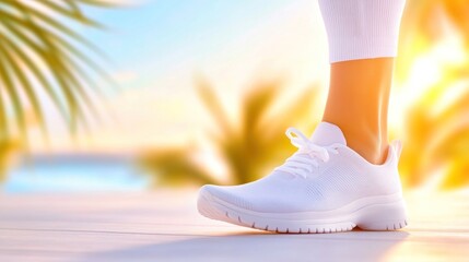 White Sneaker Steps Towards Sunny Beach Vacation