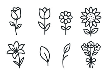 Floral and botanical outline icons set – nature-inspired eco, garden, and organic symbols for design projects: rose, tulip, daisy, sunflower, lily, leaf, bouquet.