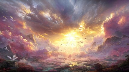 A breathtaking, fantastical view of a luminous sky above a serene landscape.