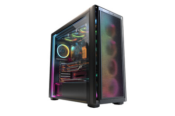 Sleek Black Computer System with Colorful Lighting isolated on transparent background 