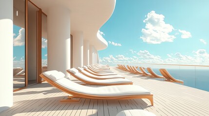 Obraz na płótnie Canvas Luxury ocean view resort deck with comfortable white loungers sky spa sea blue calm water hotel beach