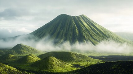 Fototapeta premium Dormant volcano with lush vegetation growing on its slopes, the misty morning light creates a mystical atmosphere. generative ai