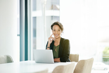 Fototapeta premium Business, woman and portrait with laptop in office for online risk management and compliance verification. Accounting firm, auditor and happy for fraud reporting, internal auditing control and pride
