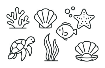 Marine life outline icon set – linear style ocean, sea, and aquatic symbols for ecology projects: coral, shell, starfish, fish, turtle, seaweed, pearl