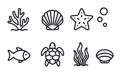 Sea life outline icons set – linear style ocean, marine, and aquatic symbols for design projects: coral, shell, starfish, bubbles, fish, turtle, seaweed, clam.