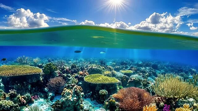Split-Level View Revealing Above And Below The Surface With Turquoise Waters And Vivid Coral Reefs Below Bright Sunlight Illuminating A Tropical Underwater Scene