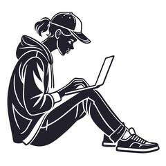Illustration Of A Young Woman Working On A Laptop In Monochrome Style