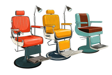 Fototapeta premium Three Vintage Barber Chairs Red Yellow Teal Classic Design isolated on transparent background 