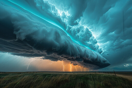 Majestic storm clouds and electrifying lightning create an atmosphere of thrilling excitement and dramatic beauty over the landscape  