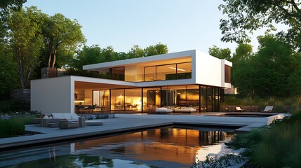 Obraz premium Modern Luxury Villa with Infinity Pool and Scenic Forest Views