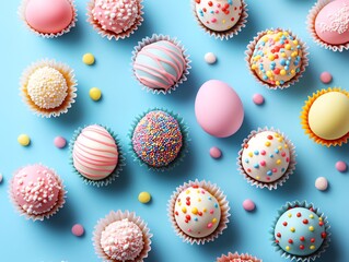 Obraz premium Colorful Easter egg candies blue background