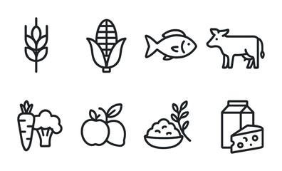 Agricultural food outline icons set &ndash; linear style for farming, nutrition, and organic produce: wheat, corn, fish, cow, carrot, broccoli, apple, dairy.