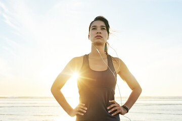 Workout, beach and motivation with woman prepare for running, exercise and summer with music....