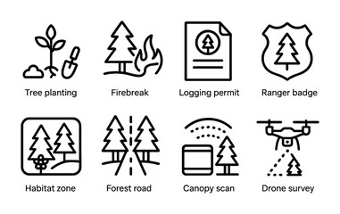 Forest conservation and protection icons – outline style environmental sustainability, wildlife management, and nature preservation symbols: tree planting, firebreak, logging permit, ranger badge,