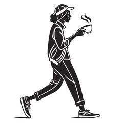 Person Walking And Holding Coffee Cup Illustration In Modern Athletic Casual Style