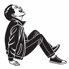 Black And White Vector Illustration Of Laughing Man Sitting And Wearing Jacket